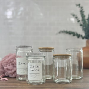 Clear Bathroom Storage Jars | Signature Collection | 12oz and 16oz Glass Jars | Custom Labeled