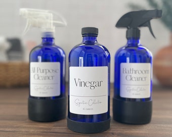 16-ounce Cobalt Blue Glass Spray Bottles with Silicone Sleeves | Signature Cleaning Collection | Refillable Bottles + Waterproof Label