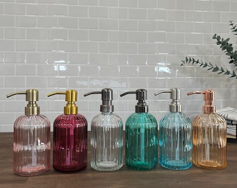 Fluted Glass Soap Dispenser | 14-ounce Refillable | Variety of Colors | Designer Metal Pumps | Hand Soap Dish Soap Lotion