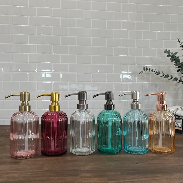 Fluted Glass Soap Dispenser | 14-ounce Refillable | Variety of Colors | Designer Metal Pumps | Hand Soap Dish Soap Lotion