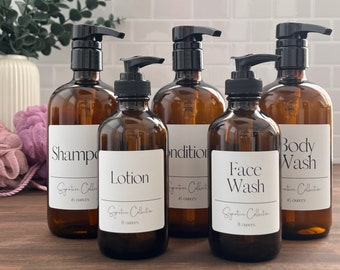 Amber Glass Bathroom Bottles with Pump | Signature Collection | Shampoo Conditioner Body Wash + More | Refillable Bottles