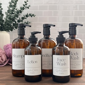 Amber Glass Bathroom Bottles with Pump | Signature Collection | Shampoo Conditioner Body Wash + More | Refillable Bottles