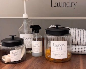 Laundry Storage | Glass Montana Jars | Airtight Black Metal Lid | Custom Label Option | 48oz, 64oz, or 96oz