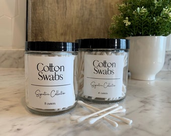 Signature Bathroom Collection | Face Scrub, Cotton Swabs, Body Butter + More | Clear Glass Refillable Apothecary Jars w/Waterproof Label