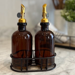Amber Cruet Set with Black Holder | Apothecary Glass Oil & Vinegar Set | Perfect for your Premium Oils or Vinegars
