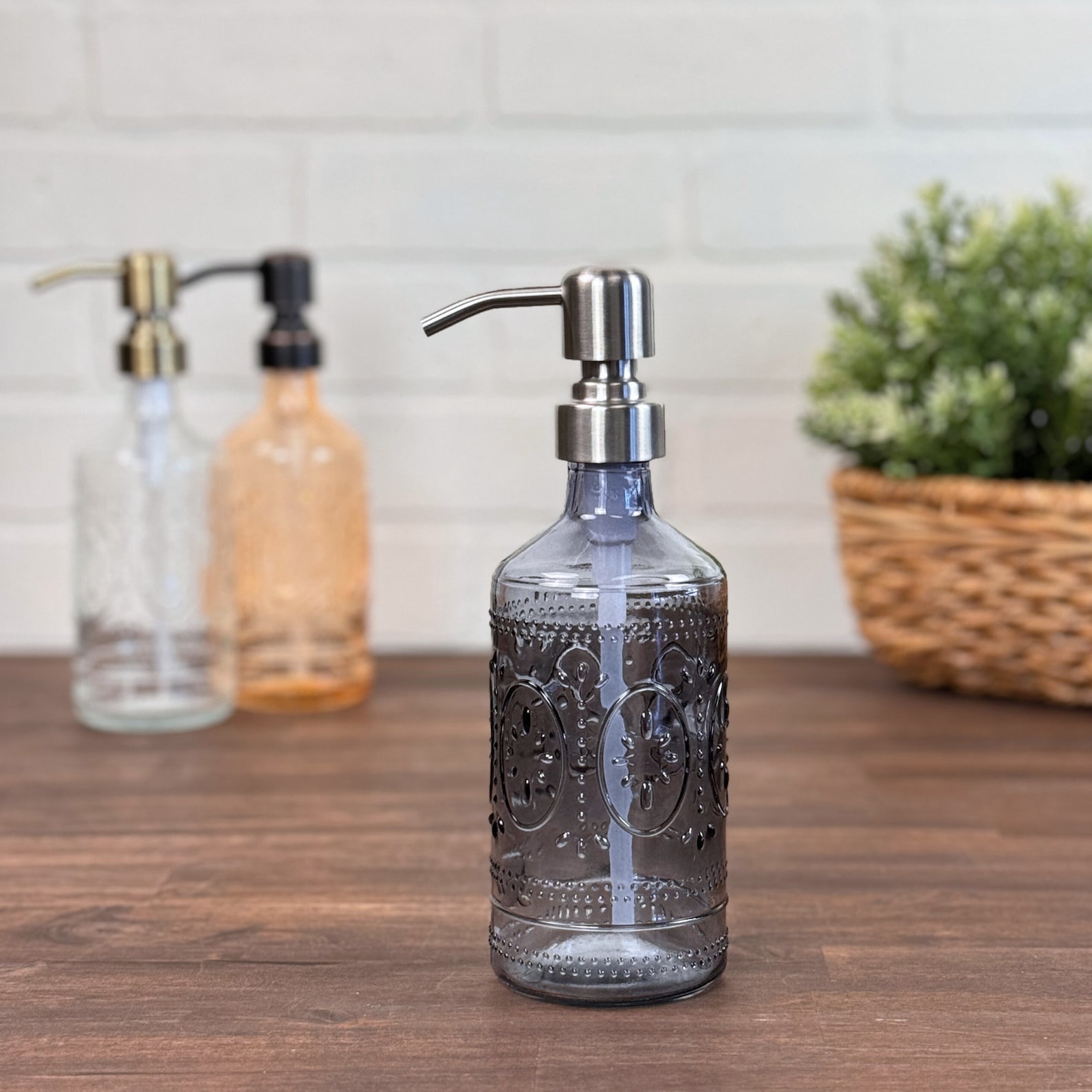 Tuscany Glass Soap Dispenser | Urban Stainless Steel Top | Grey Bottom