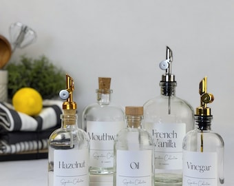 Clear Glass Apothecary Bottle | Signature Collection Custom Label | 8, 16, or 25-ounce | Coffee Bar, Kitchen + Home Organization