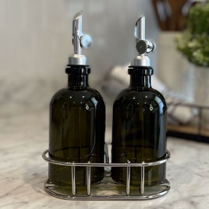 Vintage Green Cruet Set with Chrome Holder | Apothecary Glass Oil & Vinegar Set | Perfect for your Premium Oils or Vinegars