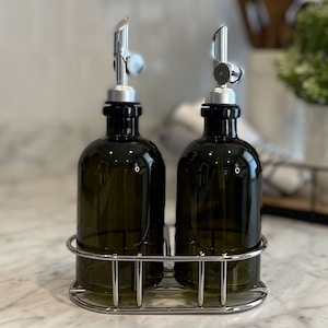 Vintage Green Cruet Set with Chrome Holder | Apothecary Glass Oil & Vinegar Set | Perfect for your Premium Oils or Vinegars