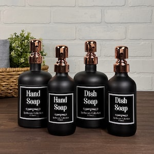 Black Matte Glass Soap Dispenser with Waterproof Label | Apothecary Collection | Dish Soap Hand Soap or Set | Refillable