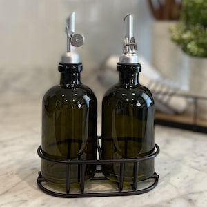 Vintage Green Cruet Set with Black Holder | Apothecary Glass Oil & Vinegar Set | Perfect for your Premium Oils or Vinegars