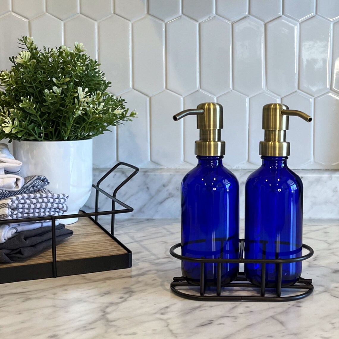 8oz Cobalt Blue Glass Soap Dispenser Tray Set Signature Etsy