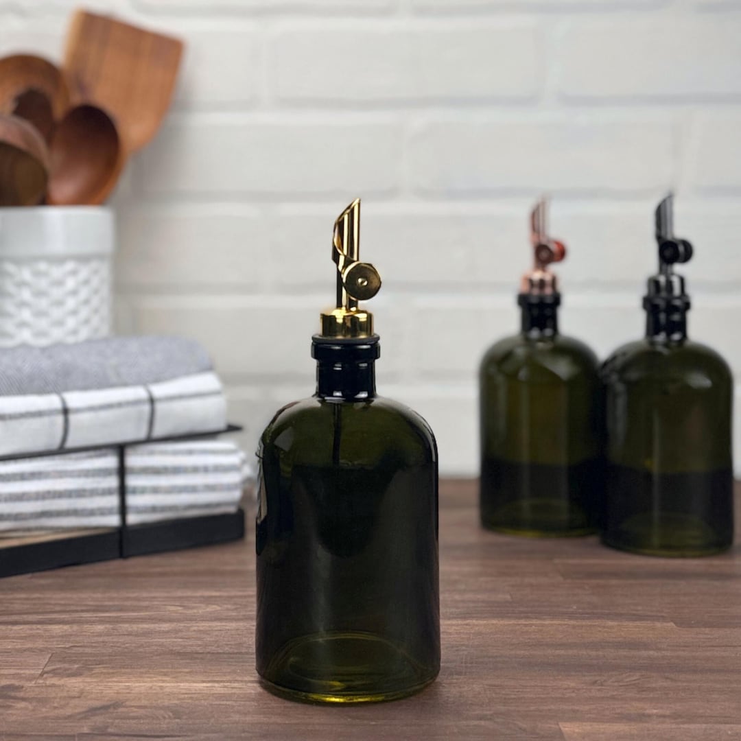 16-ounce Vintage Green Apothecary Glass Bottle with Weighted Pour Spouts | Custom Labels | Perfect for Oils and Vinegars