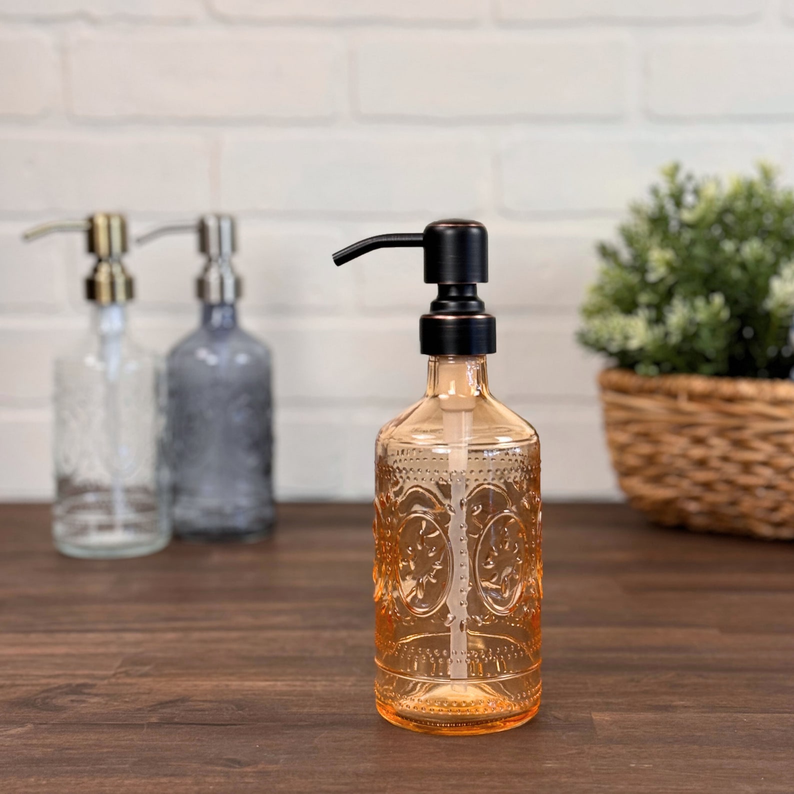Tuscany Glass Soap Dispenser | Urban Oil Rubbed Bronze Top | Orange Bottle