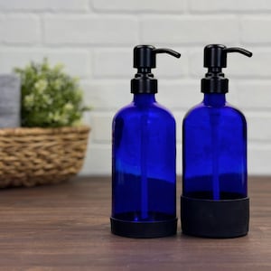 Cobalt Blue Glass Soap Dispenser with Non-Slip Sleeves | Refillable
