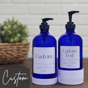 CUSTOM - Cobalt Blue Glass Soap Dispenser with Non-Slip Sleeves, Plastic Pumps | Refillable