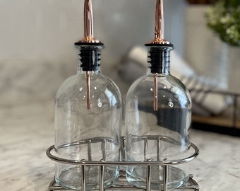 Clear Cruet Set with Chrome Holder | Apothecary Glass Oil & Vinegar Set | Perfect for your Premium Oils or Vinegars