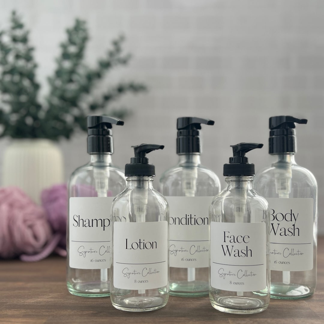 Clear Glass Bathroom Bottles With Pump | Signature Collection | Shampoo Conditioner Body Wash ...