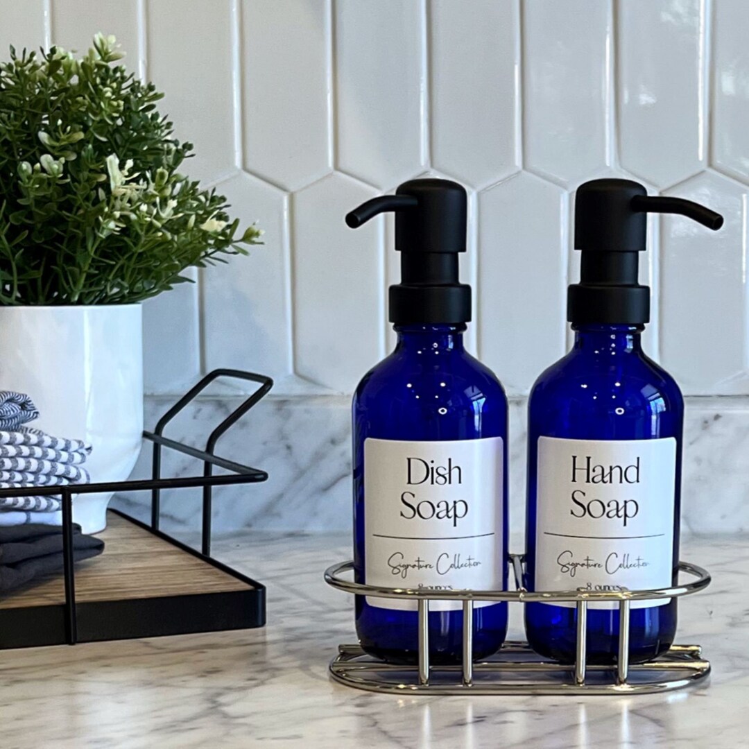 8oz Cobalt Blue Glass Soap Dispenser Tray Set Signature Etsy