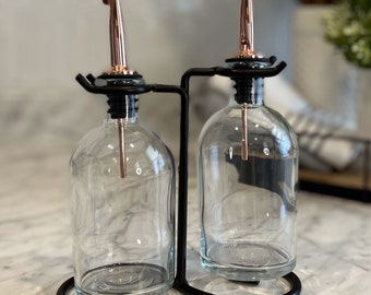 Clear Cruet Set with Black Stand | Apothecary Glass Oil & Vinegar Set | Perfect for your Premium Oils or Vinegars