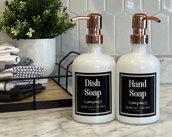 White Matte Glass Soap Dispenser with Waterproof Label | Apothecary Collection | Dish Soap Hand Soap or Set | Refillable