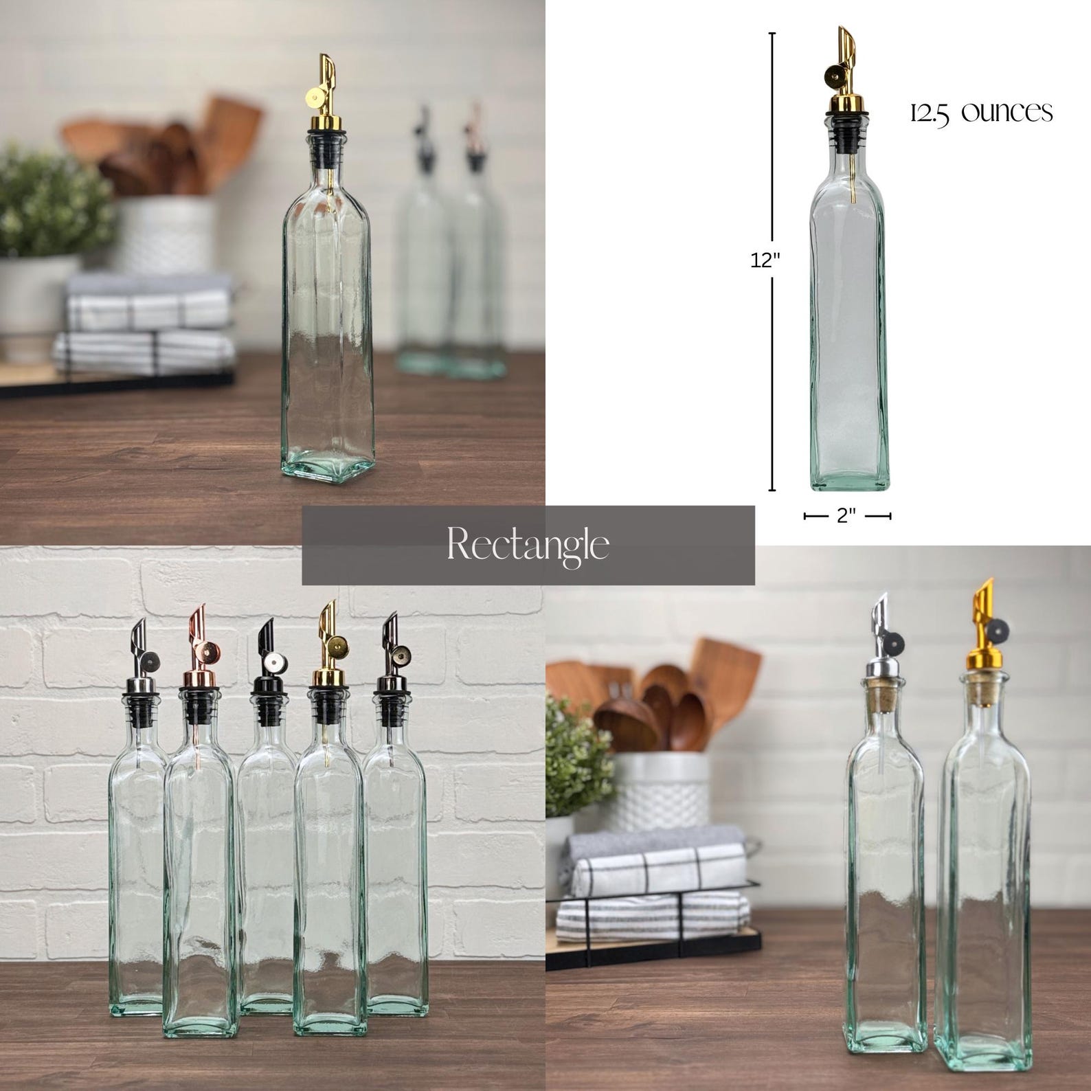Apothecary Glass Bottles with Weighted Pour Spouts | Variety of Options | Perfect for Oils and Vinegars - 12.5oz RectngleClear, Gold Rubber Base