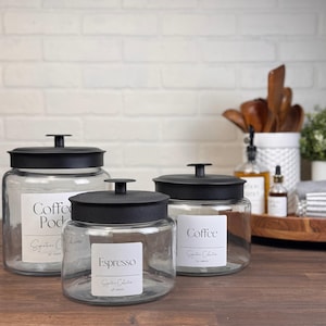 Glass Coffee Jars | Signature Coffee Collection | 48oz, 64oz or 96oz | Glass Jars + Airtight Black Metal Lid | Waterproof Label | Coffee Bar