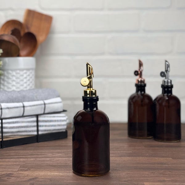 8-ounce Amber Apothecary Glass Bottle with Weighted Pour Spouts | Custom Labels | Perfect for your Oils and Vinegars