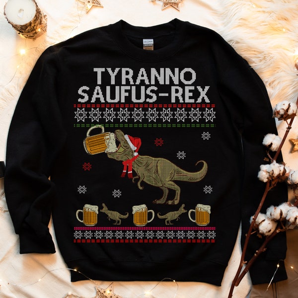 Ugly Christmas Sweater Tyranno Saufus Rex Weihnachten Sweatshirt Pullover Weihnachtsmann Schwarzer Humor Unisex Weihnachts Outfit Geschenk