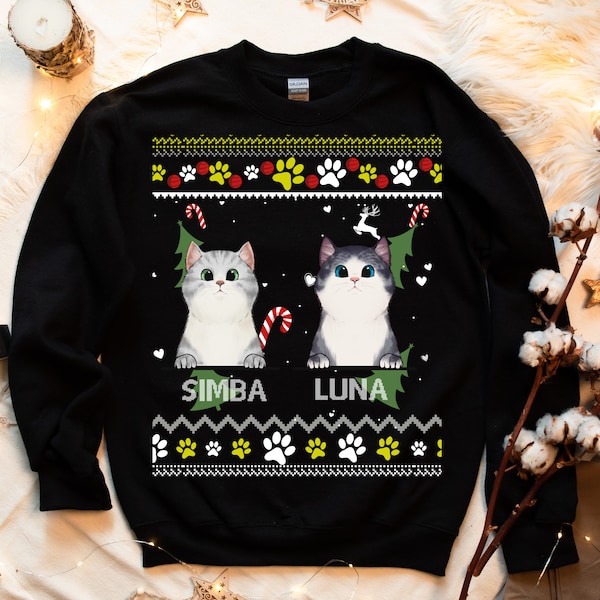 Personalisierter Ugly Christmas Sweatshirt Katzenbesitzer Katzen Sweater Katze Weihnachten Sweater Pullover für Weihnachten Unisex