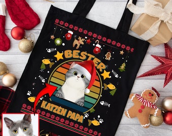 Bester Katzen Papa Ugly Sweater Weihnachtstasche Geschenktasche Weihnachten Einkaufstasche Weihnachtsmotiv Tasche Geschenkidee Weihnachten