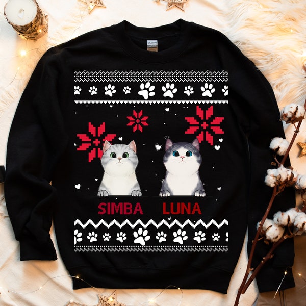 Personalisierter Ugly Christmas Sweatshirt Katzenbesitzer Katzen Sweater Katze Weihnachten Sweater Pullover für Weihnachten Unisex