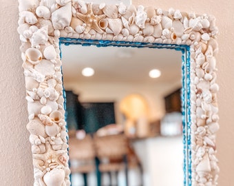 Beach Home Mirror, Seashell Mirror for Wall, Custom Beach House Mirror, Coastal Wall Art Blue Accents