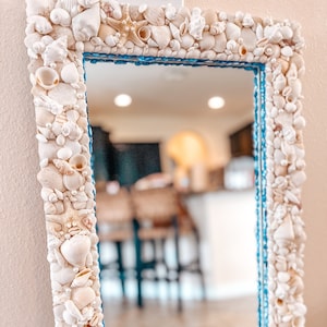 Seashell Mirror: Coastal Wall Art with Blue Accents (24x16”)