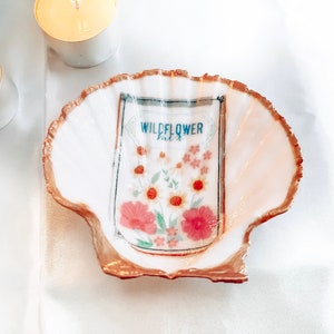 Sea Shell Ring Holder, Scallop Shell Trinket Dish, Jewelry Holder, Glossy Decoupage Shell Dish, Beach Wedding Bridal Favors, Rose Gold