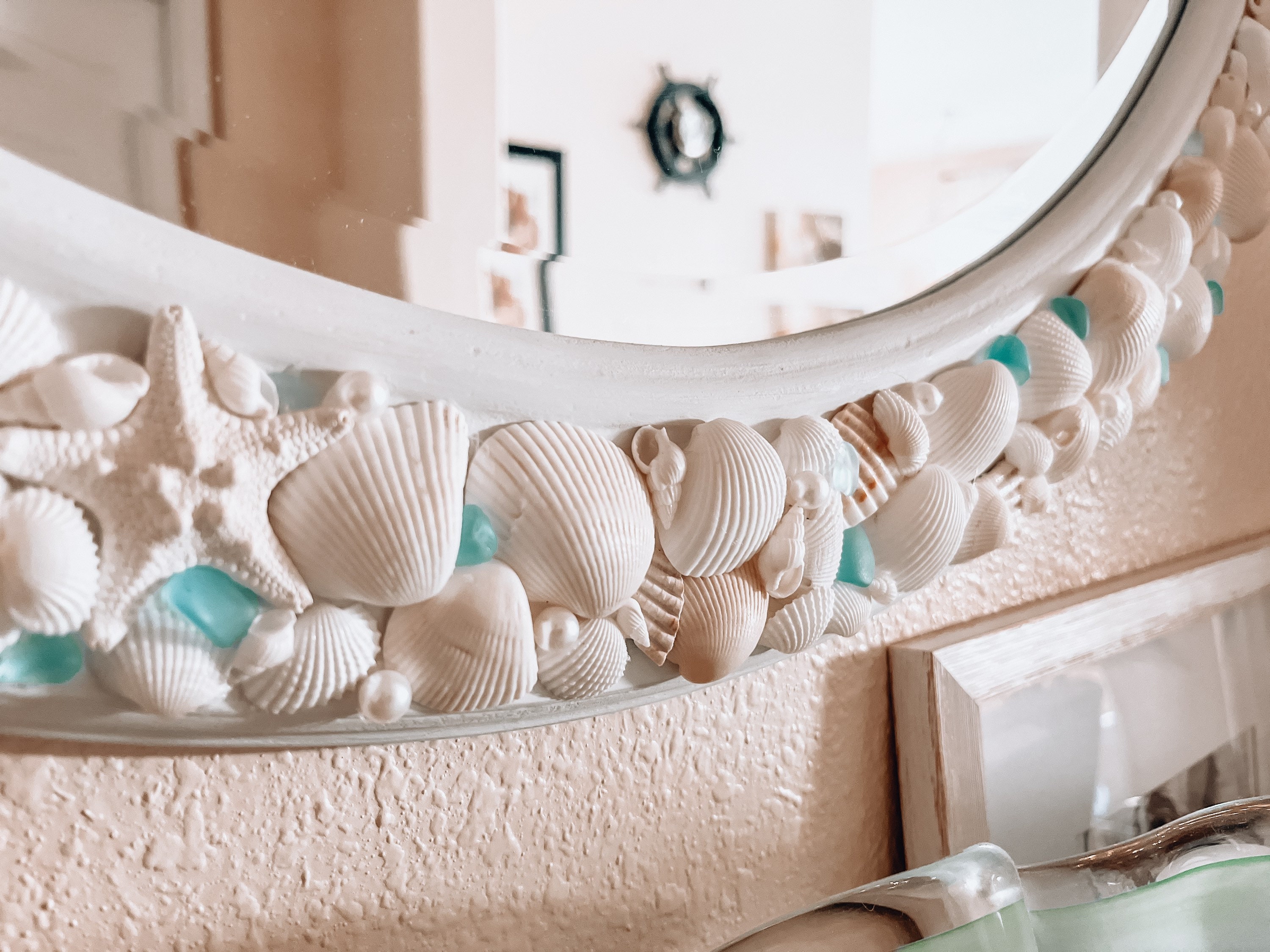 Round Shell Mirror With Blue Sea Glass Accents READY to SHIP, Coastal ...