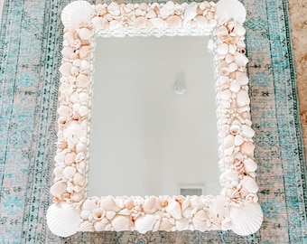 Custom Seashell Mirror, Large Wall Shell Mirror, Coastal Decor Vanity Mirror, Coastal Mirror, White Seashell Mirror, Shell Frame Mirror