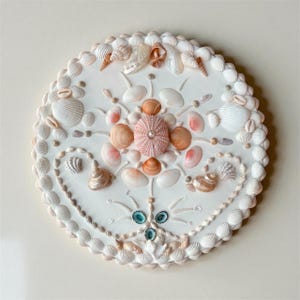May include: A round, white decorative piece adorned with various seashells. The design features a central arrangement of orange and pink shells, surrounded by white shells and a scalloped edge. Small blue-green gems add detail.