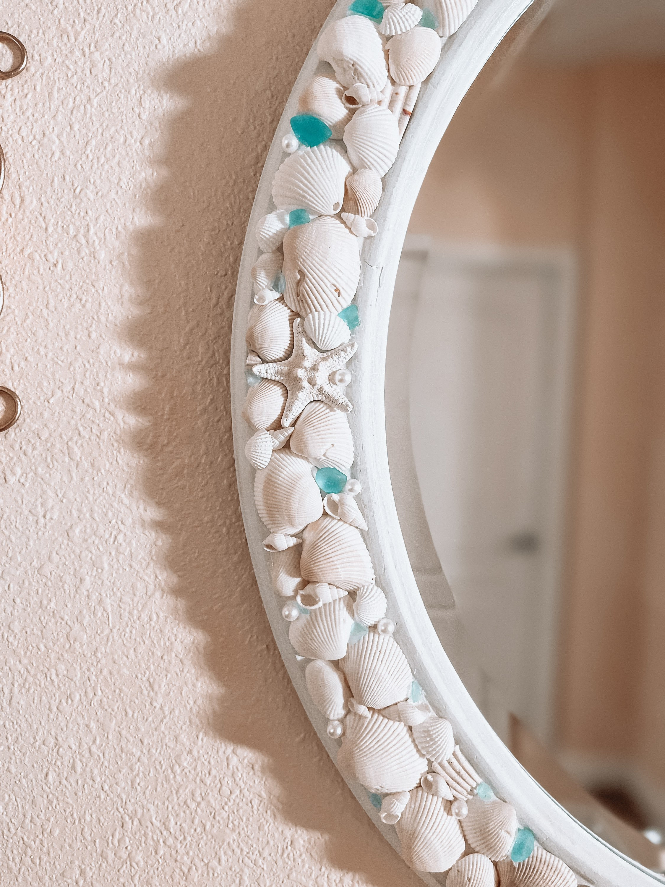 Round Shell Mirror With Blue Sea Glass Accents READY to SHIP, Coastal ...