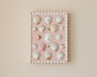 Seashell Art on Canvas, Pink & Gold Coastal Decor (11x14")