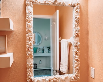 Seashell Mirror: Coastal Decor with Starfish & Coral, 37.5x24"