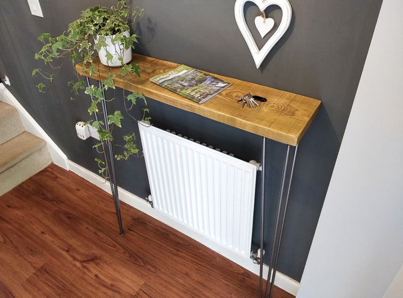 Reclaimed Console Table | Narrow Rustic Entryway Side Table | Solid Slimline Radiator Shelf With Hairpin Legs | Farmhouse Unit | OMNI | 