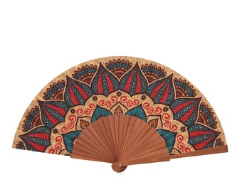 Cork Mandala Hand Fan – Ethno Print Wooden Folding Fan