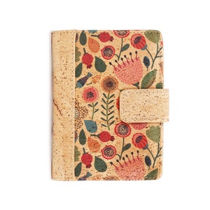 Cartera de piel vegana con flores folk para mujer - Cartera pequeña de corcho RFID - Tarjetero de piel sintética - Cartera vegana para mujer - Regalo vegano para ella