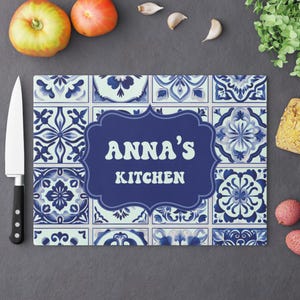 Portuguese Tiles Cutting Board - Custom Glass Chopping Board - Personalized Kitchen Gift - Azulejo Portugal Decor