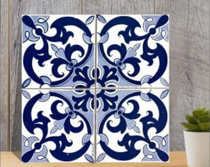 Portuguese traditional tile azulejo blue  and white Ceramic tile with cork from Portugal Trivet for hot dishes Portuguese souvenir