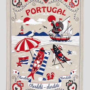 Pano de cozinha Portugal - Pano de cozinha decorativo Galo de Barcelos - Toalha algodão Sardinhas - Portugal gifts