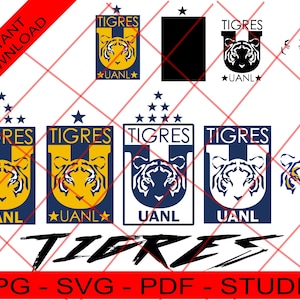 May include: A digital download graphic featuring multiple versions of the Tigres logo. The logos include a tiger head, the word "Tigres", and the letters "UANL". The image also includes the text "Instant Download" and file type options.