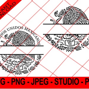 Puede incluir: Gráfico vectorial en blanco y negro del Escudo de Armas de México. El gráfico presenta un águila posada en un cactus con una serpiente en su pico. El texto "Estados Unidos Mexicanos" está escrito en una pancarta sobre el águila.