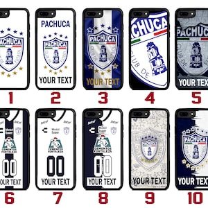 May include: Ten different designs for a phone case featuring the Pachuca soccer team logo. The designs include the team's crest, a jersey, and a flag. The text "YOUR TEXT" appears on several of the designs.